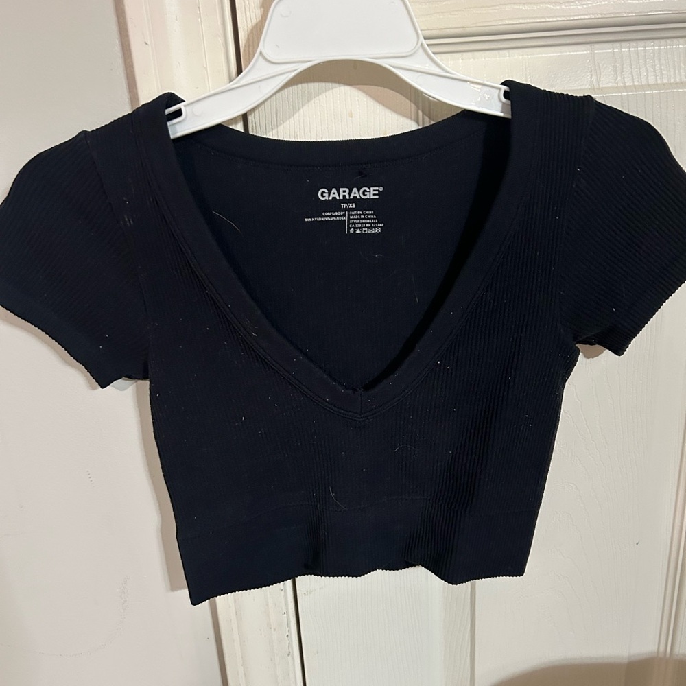 Garage Black Ribbed V-Neck Crop Top
